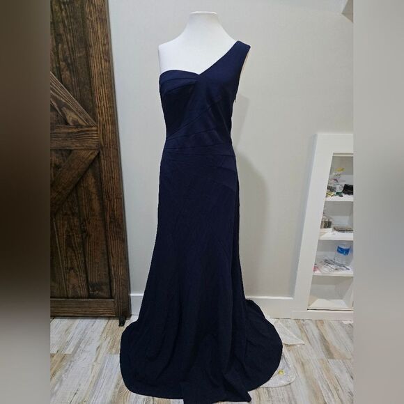 Tadashi Shoji One Sleeve A-line Evening Dress NWOT size Medium Midnight Blue - Picture 4 of 7